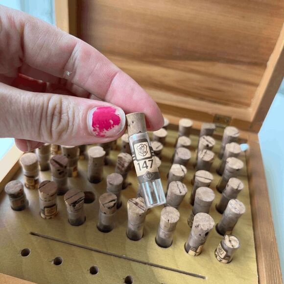 Vintage Wood Box w/ 48 Glass Vials – Watchmaker or Perfume Kit - Picture 4 of 13